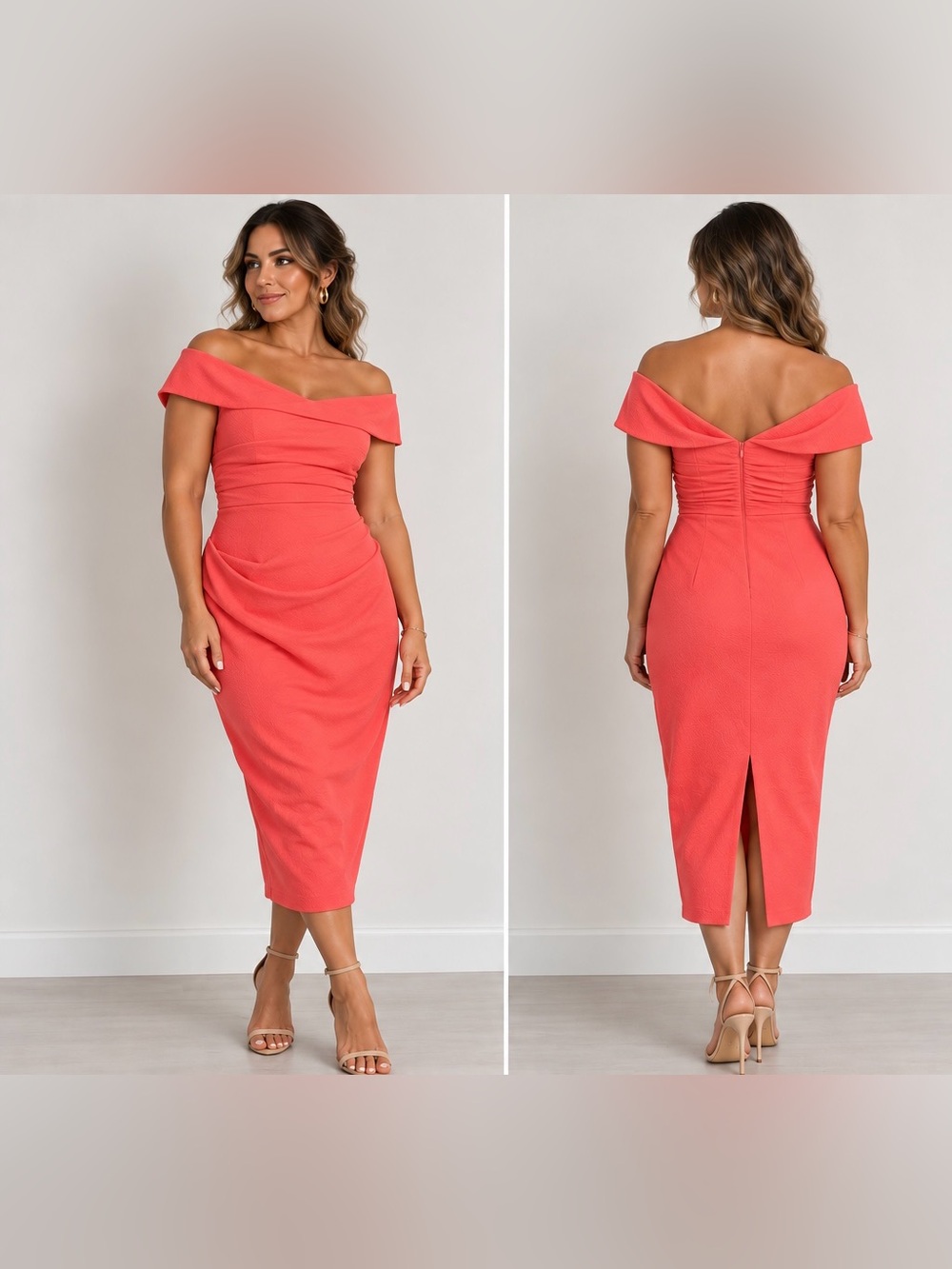 NWT Off-Shoulder Coral Sheath Dress